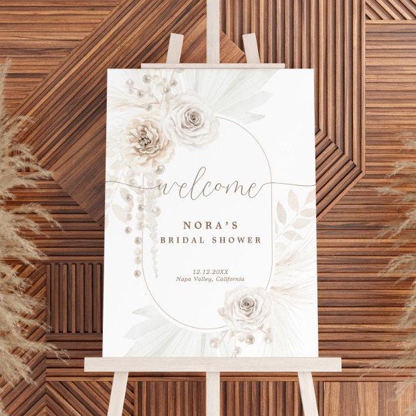Boho Monochrome White Floral Welcome Sign