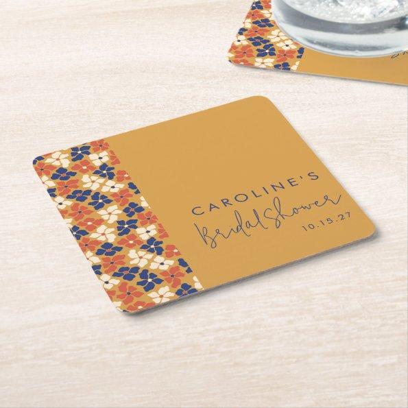 Boho Mustard Blue Botanical  Custom Square Paper Coaster