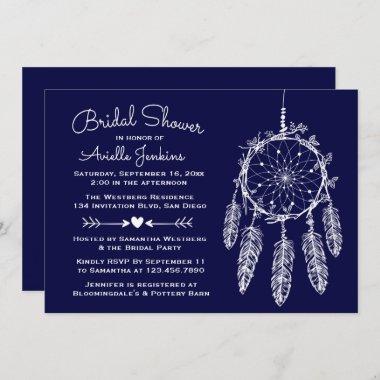 Boho Navy Blue Bridal Shower Dream Catcher Tribal Invitations