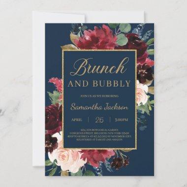Boho navy burgundy floral brunch and bubbly Invitations