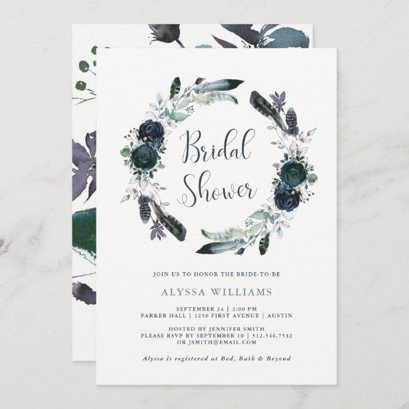 Boho Navy Peony Floral Wreath Bridal Shower Invitations