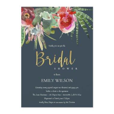 BOHO NAVY PINK FLORAL CACTI FOLIAGE BRIDAL SHOWER Invitations