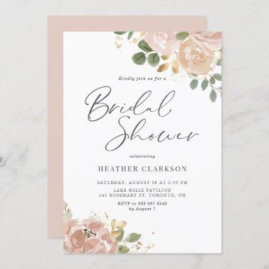 Boho Neutral Flowers Faux Gold Foil Bridal Shower Invitations