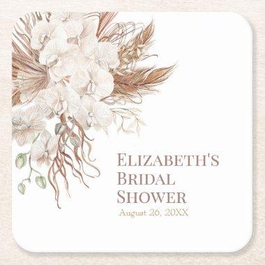 Boho Neutral Pampas Grass  Square Paper Coaster