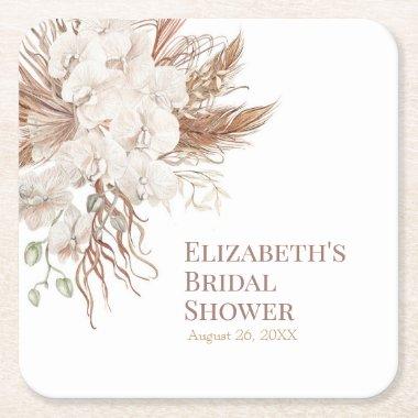 Boho Neutral Pampas Grass Bridal Shower Square Paper Coaster