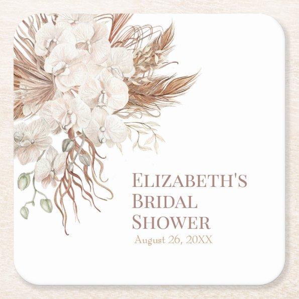 Boho Neutral Pampas Grass  Square Paper Coaster
