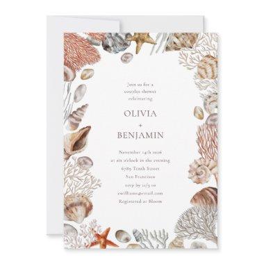 Boho Ocean Seashells Coral Beach Couples Shower Invitations