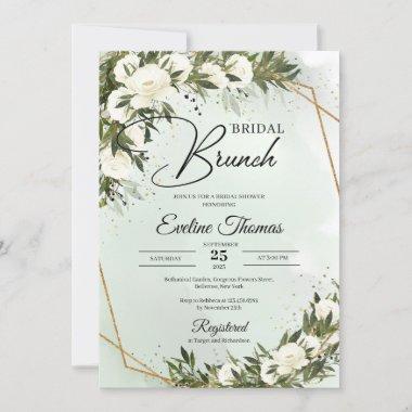Boho Olive foliage white roses gold Bridal brunch Invitations