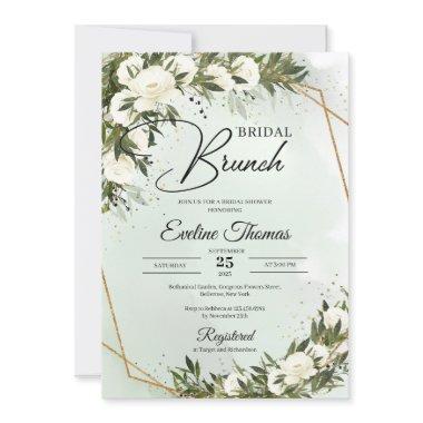 Boho Olive foliage white roses gold Bridal brunch