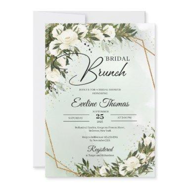 Boho Olive foliage white roses gold Bridal brunch Invitations