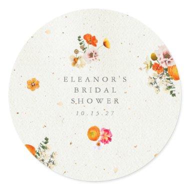 Boho Orange Cottagecore Floral Bridal Shower Name Classic Round Sticker