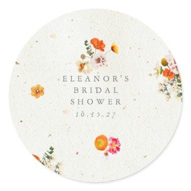 Boho Orange Cottagecore Floral Bridal Shower Name Classic Round Sticker