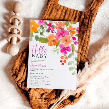 Boho orange floral watercolor hello baby shower Invitations