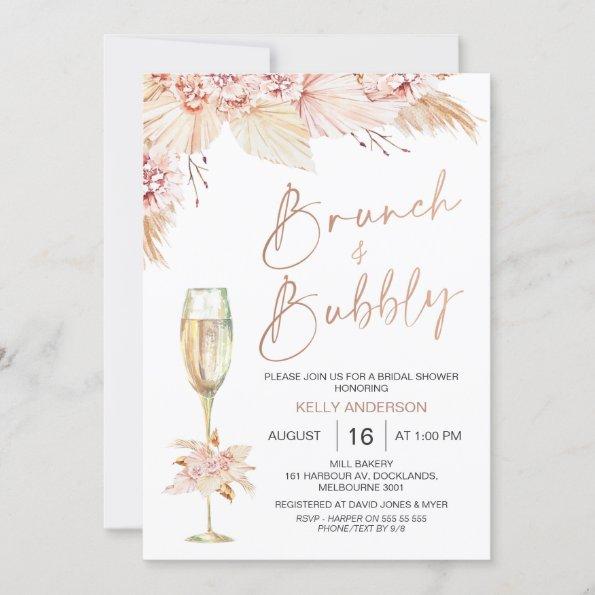 Boho Pampas Brunch Bubbly Bridal Shower Invitations