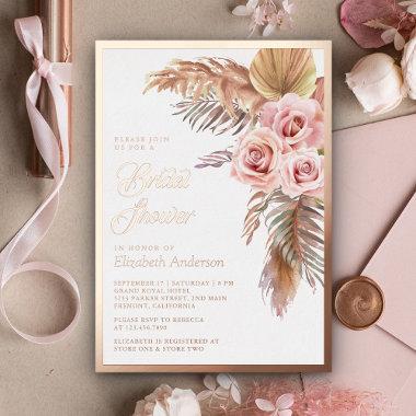 Boho Pampas Dusty Pink Bridal Shower Rose Gold Foil Invitations