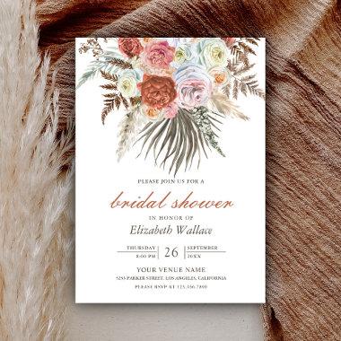 Boho Pampas Earthy Floral Terracotta Bridal Shower Invitations