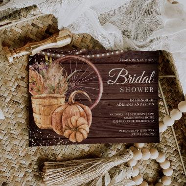 Boho Pampas Floral Pumpkin Fall Wood Bridal Shower Invitations