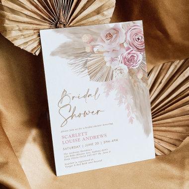 Boho Pampas Grass Blush Floral Bridal Shower Invitations