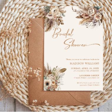 Boho Pampas Grass Bridal Shower Beige Floral Invitations