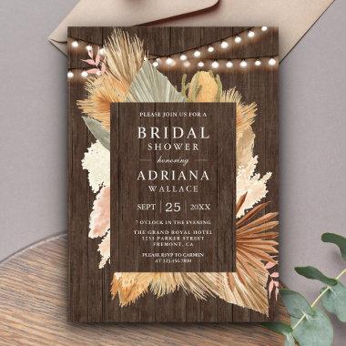 Boho Pampas Grass Dried Palm Wood Bridal Shower Invitations