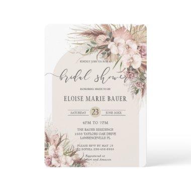 Boho Pampas Grass Orchid Floral Arch Bridal Shower Invitations