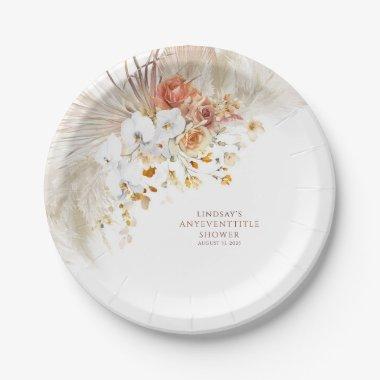 Boho Pampas Grass Terracotta Floral Any Party Paper Plates