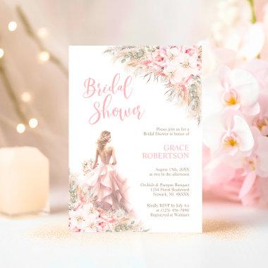 Boho Pampas Orchids Peonies Dress Bridal Shower Invitations