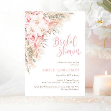 Boho Pampas Orchids Peonies Neutral Bridal Shower Invitations