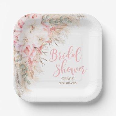 Boho Pampas Orchids Peonies Neutral Bridal Shower Paper Plates