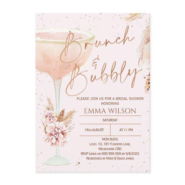 Boho Pampas Rose Gold Brunch Bubbly Bridal Shower Invitations