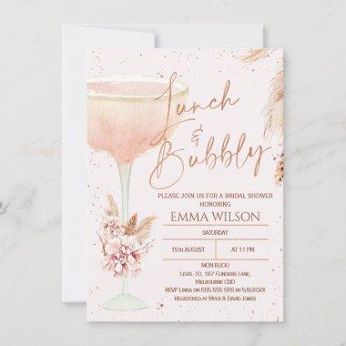 Boho Pampas Rose Gold Lunch Bubbly Bridal Shower Invitations