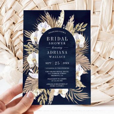 Boho Pampas White Orchid Navy Blue Bridal Shower Invitations
