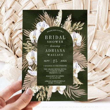 Boho Pampas White Orchid Sage Green Bridal Shower Invitations