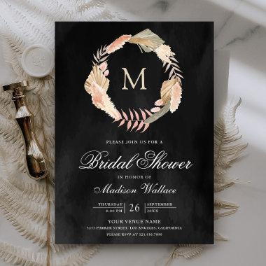 Boho Pampas Wreath Dried Palm Black Bridal Shower Invitations