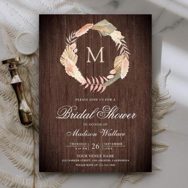 Boho Pampas Wreath Dried Palm Wood Bridal Shower Invitations