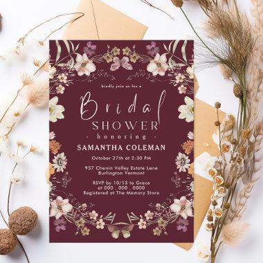 Boho Pastel Wildflower Burgundy Bridal Shower Invitations