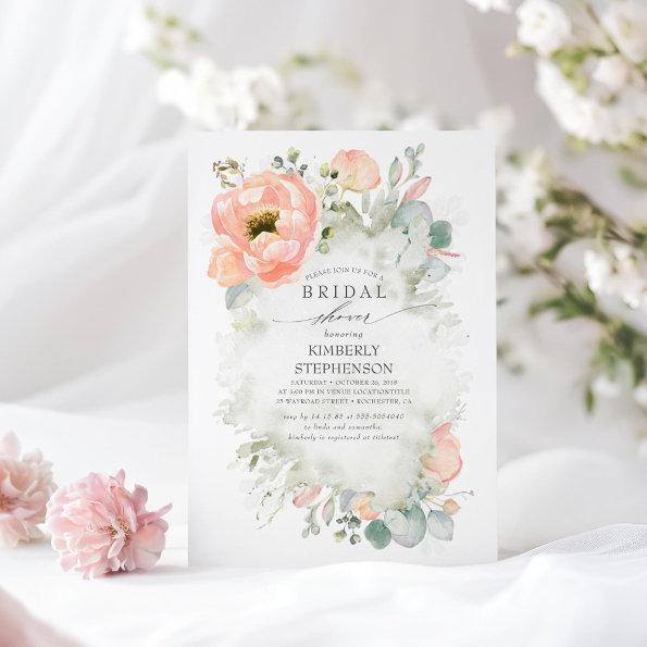 Boho Peach Flowers Elegant Garden Bridal Shower Invitations