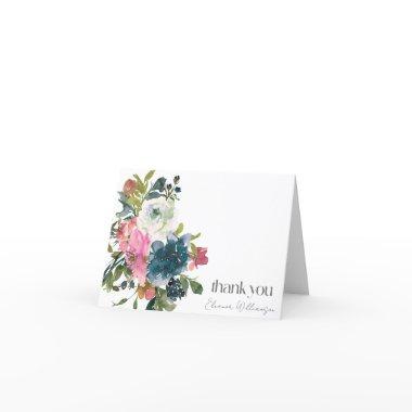 Boho Pink Blue Floral Custom Bridal Shower Name Thank You Invitations