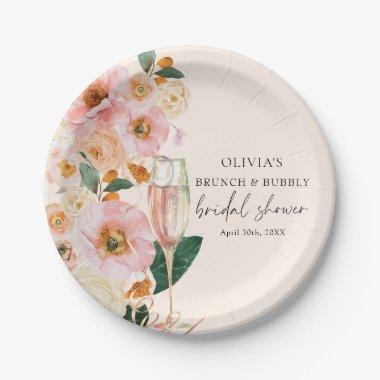 Boho Pink Floral Champagne Brunch & Bubbly Paper Plates