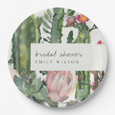 BOHO PINK FLORAL DESERT CACTI FAUNA BRIDAL SHOWER PAPER PLATES