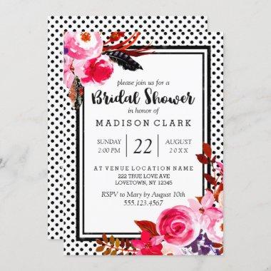 Boho Pink Floral & Dots Bridal Shower Invitations
