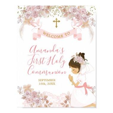 Boho Pink Floral Girl FIRST Holy Communion Sign
