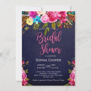 Boho Pink Floral Navy Chalkboard Bridal Shower Invitations