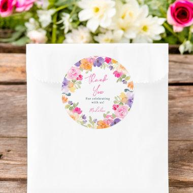 Boho pink floral thank you  classic round sticker