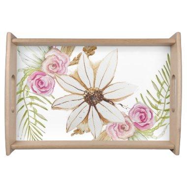 Boho Pink Green White Brown Floral Elegant Serving Tray