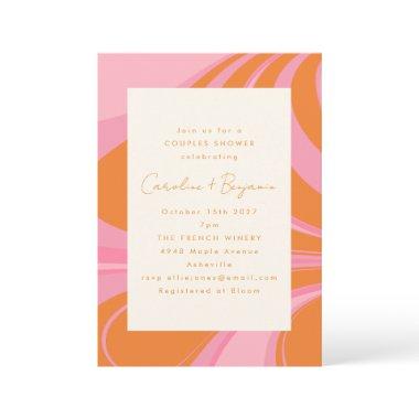 Boho Pink Orange Abstract Marble Couples Shower Invitations