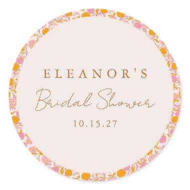 Boho Pink Orange Floral Cute Bridal Shower Custom Classic Round Sticker