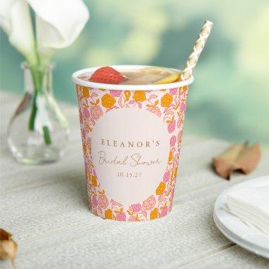 Boho Pink Orange Floral Cute Bridal Shower Custom Paper Cups