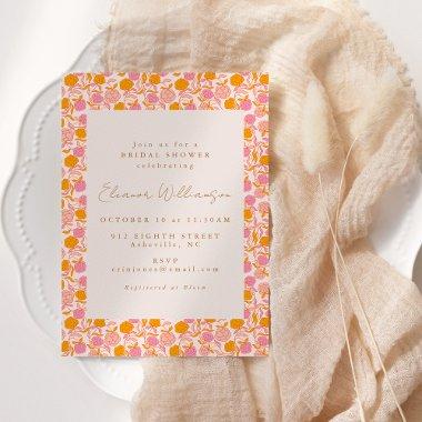 Boho Pink Orange Floral Cute Bridal Shower Invitations