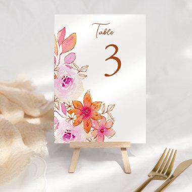 Boho Pink Orange Flowers Custom Table Number